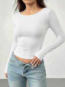 1pc Women Fitted White Crew Neck Elastic Knit Pullover - Basic Layering Top, Suitable For Casual Outfits, Comfortable & Fashionable For Daily Wear, Autumn - White - View 3