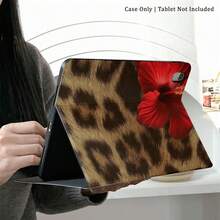 Funda protectora para tableta con estampado floral rojo y de leopardo audaz en un solo diseño - Ideal para individuos y amantes de la moda con accesorios de tableta con temática de moda, funda tipo folio protectora con soporte para bolígrafo