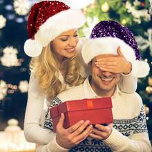 Christmas Sequin Santa Hat - Double Layer Shimmery Polyester Beanie Cap With Plush Trim, Inelastic, Handwash Only, Knitted Craftsmanship, No Feathers, Festive Holiday Headwear For Adults - Multicolor - View 2