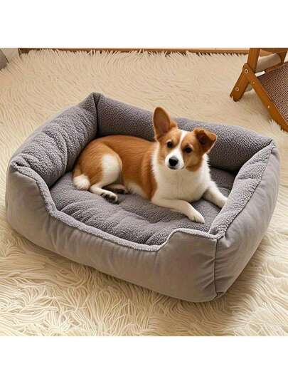 舒适毛绒宠物沙发床 - 加厚填充，室内组装，小型猫狗睡眠窝，四季温暖居所