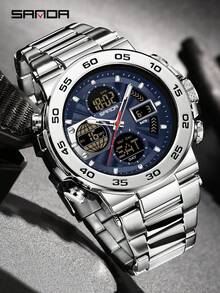 SANDA. SANDA 6312 New Steel Strip Sports Watch Dual Display Dual Movement 5ATM Waterproof Multi Functional Men's Electronic Watch - Blue - View 4
