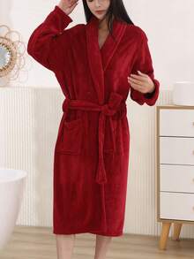 1pc Women's Coral Fleece Plaid Robe, Warm Lapel Collar With Pockets, Belted Waist, Simple Solid Color, Long Sleeve, Suitable For Autumn/Winter - Red - View 3