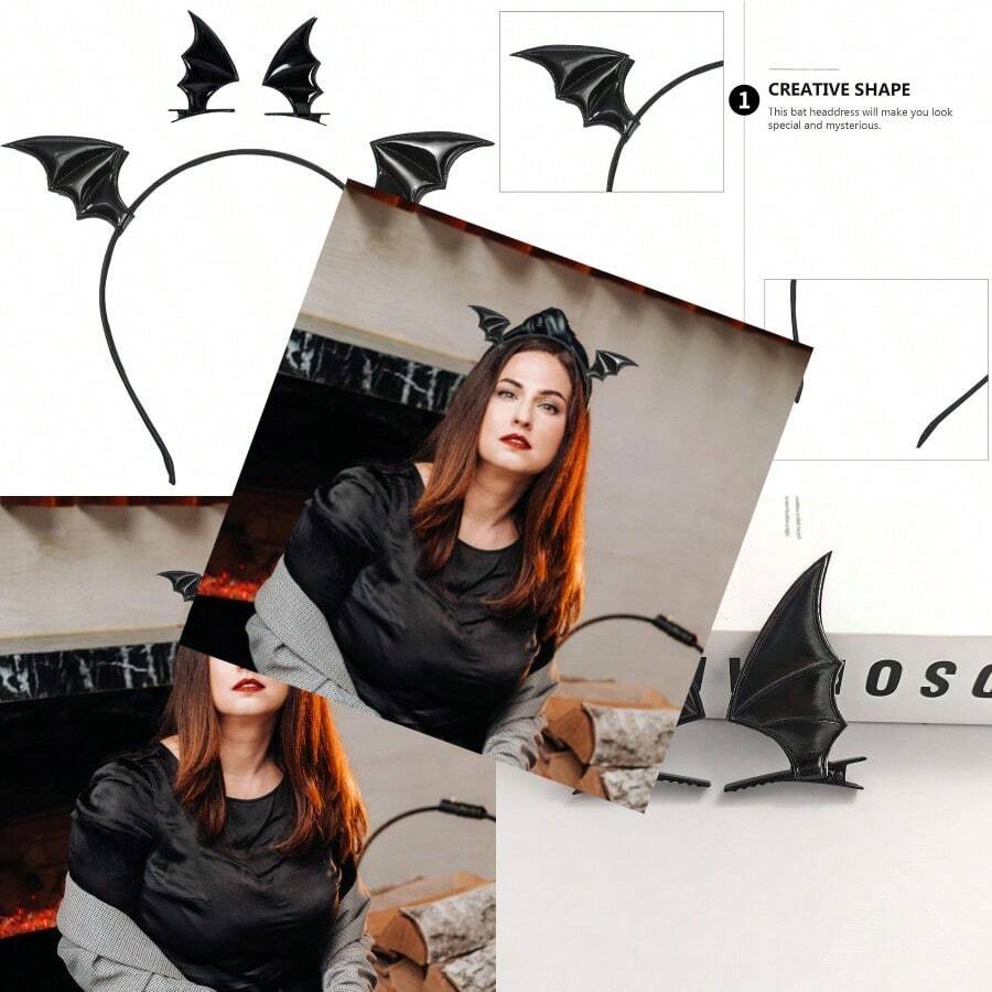 HPMAISON Set 3 Halloween Wing Headband And Dragon Wings Hair Clips Set Horror Devil Goth Ear Hairpins