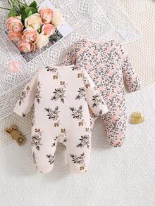 2件套可爱自然风树叶花朵印花婴儿连体衣