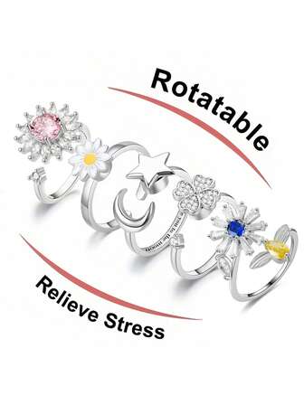 1Pc Anti-Stress Anxiety Women's Gift Rotating Simple Flower, Moon Star, Women's Finger Ring Anti-Stress Wedding Jewelry