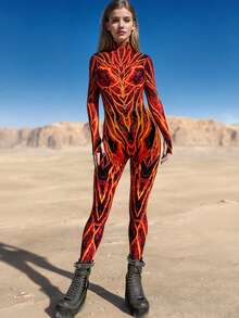 Women's Cyberpunk Style Jumpsuit, Glow-In-The-Dark Party Stage Outfit, Dopamine Contrast Color High Street Design, Tight Sexy Jumpsuit, Halloween Costume