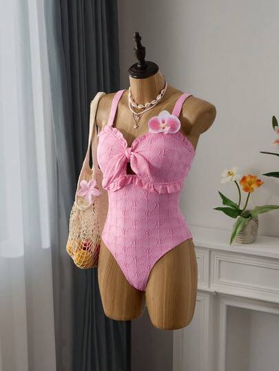 Bellisia 女士纯色高开叉荷叶边蝴蝶结连体泳衣，夏季沙滩装