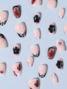 24Pcs/Set Short Oval 3D Gel Flower Brown Gradient Design French Tip Press On Nails Acrylic ,Short Nails ,Decorate With Gold Beads,Include: 1pc Jelly Glue And 1pc Nail File,Very Suitable For Woman Girl Daily Work & Rave Party Use