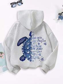 1PC Girl Literary Ocean Style Sea Turtle Print Hooded Sweatshirt, Soft And Comfortable, Spring Autumn Daily Leisure Wear - Grey - View 3