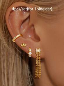 4 Pcs Deluxe 24K Gold Plated Cubic Zirconia Drop Dangle Earrings For Women Flower Chain Tassel Stud Earrings For Women Hoop Earrings Set