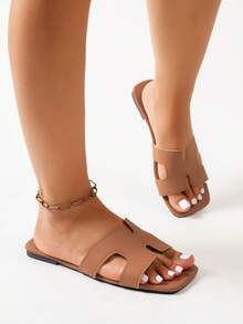 Women's Fashion Flat Square Toe Slip-On Sandals, Versatile For Spring And Summer