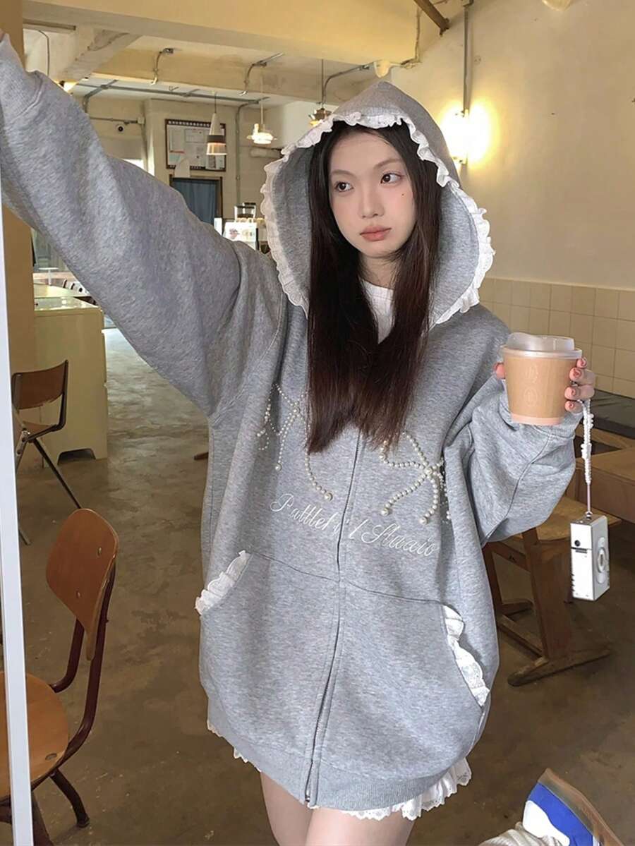 2024 Autumn Grey Lace Pearl Hooded Sweatshirt Jacket For Women, Loose Fit Flattering Design With Zipper