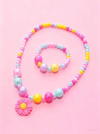 Set de 2 piezas con collar con colgante de flor y pulsera con cuentas para niñas, joyería dulce, adecuado como regalo de fiesta festiva para niñas