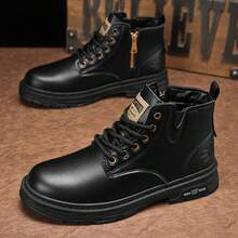 Men's Solid Color Casual Boots, Side Zipper Lace-Up Walking Shoes, Suitable For Various Outdoor Activities, Brown, Spring/Autumn/Winter - Black - View 10