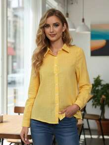 Women's Cotton Linen Blouse Long Sleeves Plus Size - Yellow - View 5