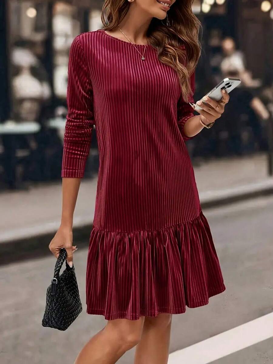 Women's Elegant Ruched Long Sleeve Knee-Length Dress With Ruffle Hem - Burgundy - View 1