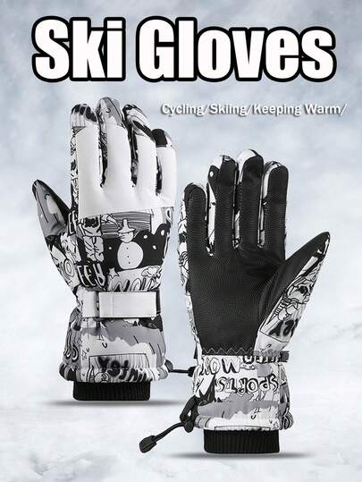 1 Paar Winter Ski-Handschuhe mit dickem Samt-Schneemann-Graffiti Vollfinger-Handschuhe, hergestellt aus Polyesterfaser-Material und wasserdichtem Gewebe, geeignet für Damen und Herren. Ein personalisierter Schneemann Batik-Stil Handschuh, wind- und kältebeständig, mit Samtfutter, geeignet für Radfahren, Wandern, Snowboarden und auch als Geschenk geeignet. Schneehandschuhe