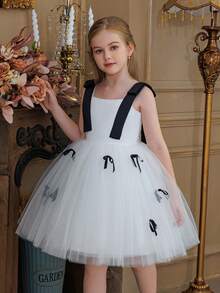 Elegantes Prinzessinnenkleid für Kleine Mädchen mit Spaghettiträgern, Schleife und Tüll, geeignet als Geburstagskleid, für Bankette, Abschlussbälle, formelle Anlässe, Feierlichkeiten, Blumenmädchenkleid zur Hochzeit - Weiss - Übersicht 6