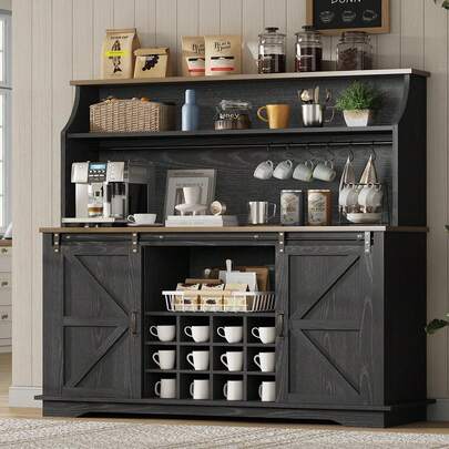 55 Inch Farmhouse Coffee Bar Cabinet With 3-Tier Storage, Kitchen Hutch With 12 Wine Racks & 3 Glass Holders, Coffee Bar With 6 Hooks, Wine Bar Cabinet For Dining Living Room, White/ Black/ Brown