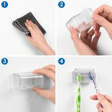 Soporte para cepillo de dientes montado en la pared con tapa para el baño, organizador de almacenamiento de cepillo de dientes para la ducha, colgador de cepillo de dientes autoadhesivo con dispensador de pasta de dientes automático - transparente - Ver 5