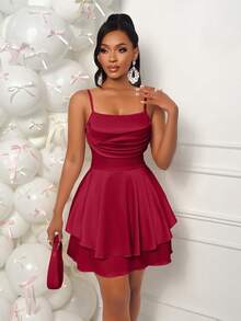 Elegant Women's Solid Color Spaghetti Strap Ruffle Hem Short Dress