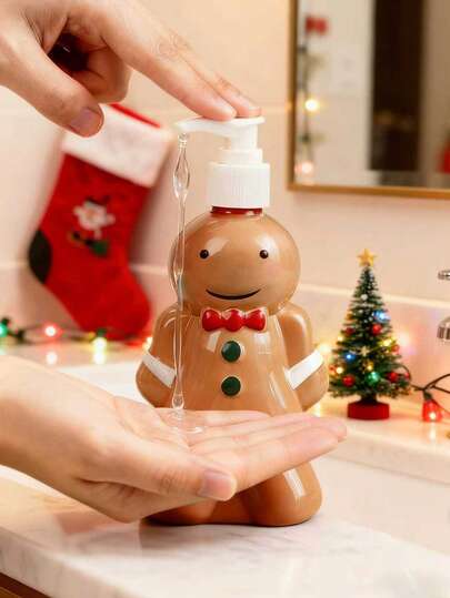 1 pezzo/capacità 350ml Bottiglia con dispenser a pompa, in plastica PET trasparente marrone, adatta per shampoo, bagnoschiuma, lozione, uso domestico, hotel, viaggio, con elementi a cartoni animati, adatta per lavaggio mani, shampoo e bagnoschiuma - con tappo a vite, senza profumo - decorazione da bagno, contenitore per liquidi a tema natalizio, ideale come dispenser per sapone in bagno, decorazione per casa e bagno, regalo di Natale