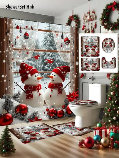 1/3/4 piezas Decoraciones navideñas Cortina de ducha con tema de muñeco de nieve y escena nevada, Juego de baño, Árbol de pino con cardenal y patrón impreso, Resistente al agua y al desgaste, Decoración y accesorios de baño, Con 12 ganchos - Incluye tapa de inodoro, alfombras de baño y alfombras de tela de poliéster - Lavable - Perfecto para decoración navideña, hogar/dormitorio/casa/occidental/invierno