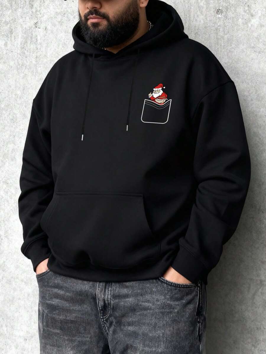 Plus Size Men's Casual Fashionable Simple Versatile Santa Claus Graphic Print Black Long Sleeve Pocket Drawstring Hoodie Sweatshirt, Minimalist Versatile, Suitable For Daily Wear And Christmas