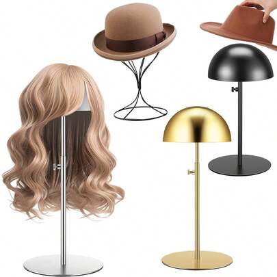 Adjustable Stainless Steel Hat Display Stand And Wig Holder For Stylish Storage Solutions At Home, Salons, And Shop Counters - Available In Elegant Gold, Sleek Black, And Classic Silver Finishes For Enhanced Organization And Eye-Catching Presentation, Perfect For Seasonal Promotions And Holiday Displays, Ideal For Fashion Enthusiasts And Retail Professionals Seeking To Elevate Their Merchandising Game.
