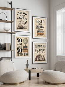 4 件套复古阅读和爱书人墙壁艺术海报 - 无框教育装饰，适用于图书馆、教室、托儿所 - 彩色 - 查看 2