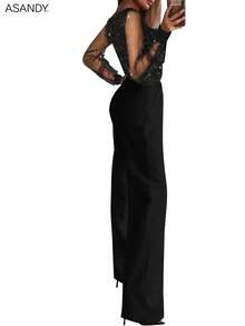 女士性感黑色亮片网纱连体裤，深V领