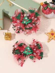 2pcs Christmas Happy Mesh Christmas Tree Bow Hair Clips, Printed Cute Hair Pins - Multicolor - View 8