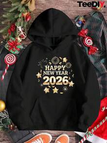 Teediy Women'S Happy New Year 2026 Hooded Sweatshirt - With Golden Lettering & Glittery Stars, Cozy Winter Pullover With Pockets, Casual Long Sleeve Hoodie For NYE Parties & Casual Attire, Festive 2026 Celebration Outfit, Geometric Pattern,Fall Hoodies,Men's Fall Clothes,Street Wear,Halloween,Mens Hoodies,Y2k Clothes,Jesus Hoodie,Thanksgiving Day,Nightmare Before Christmas,Christmas - 黑色 - 查看 1