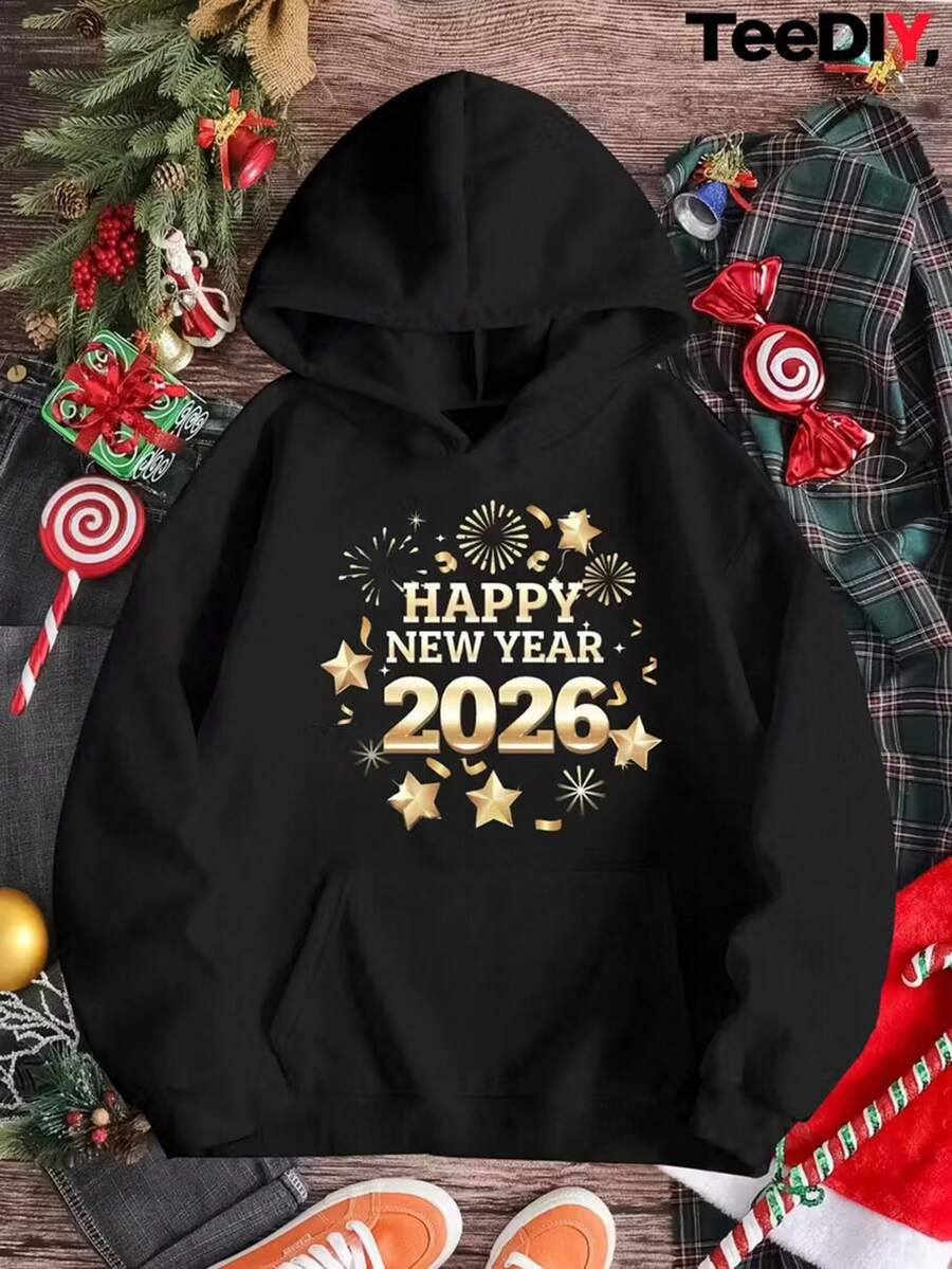 Teediy Women'S Happy New Year 2026 Hooded Sweatshirt - With Golden Lettering & Glittery Stars, Cozy Winter Pullover With Pockets, Casual Long Sleeve Hoodie For NYE Parties & Casual Attire, Festive 2026 Celebration Outfit, Geometric Pattern,Fall Hoodies,Men's Fall Clothes,Street Wear,Halloween,Mens Hoodies,Y2k Clothes,Jesus Hoodie,Thanksgiving Day,Nightmare Before Christmas,Christmas - 黑色 - 查看 1