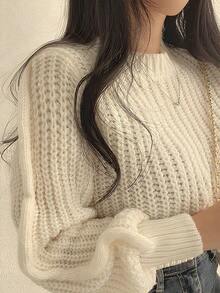 Vintage Harajuku suéter de manga larga suelta de las mujeres, prendas de punto coreano, suave Top caliente, la moda de las mujeres de otoño e invierno suéter de color sólido - Beis - Ver 1