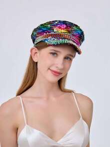 1pc Shiny Polyester Steampunk Rhinestone Captain Hat For Women & Men, Military Cap, Pirate Hat, Suitable For Halloween, Cosplay, Christmas, Bar, Bachelorette Party