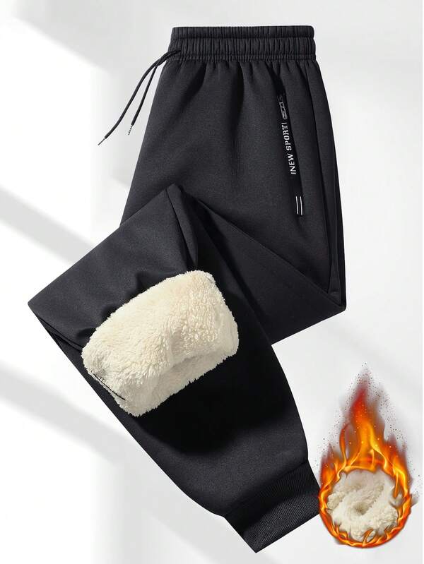 1-Piece Men's Winter Lamb Wool Thick Warm Pants, Drawstring Waist, With Zippered Pockets, Windproof Ankle Cuffs, Comfortable And Warm Winter Outdoor Sports Jogging Pants.