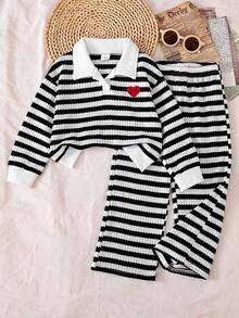 2pcs/Set Girls Young Kids Autumn/Winter Black & White Striped Heart Embroidery Polo Collar Long Sleeve Cropped Top & Striped Pants