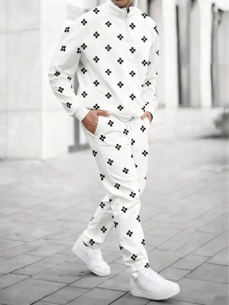 Men Two-Tone Casual Daily Zip-Up Sweatshirt And Sweatpants Set, Autumn/Winter, Fall Clothes - Multicolor - View 1