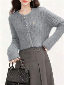 女士时尚短款保暖蝴蝶结多功能圆领长袖毛衣开衫针织外套秋冬街头潮流 - 灰色 - 查看 3