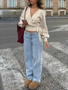 HoloChill Damen Junge Influencerin Lässig einfarbiger Pullover mit Taillenzug und Schleife, Langarm Pullover, Sommer Lässig Vielseitiges Top