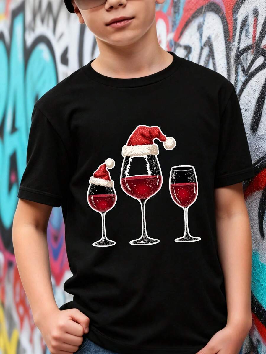 Playeras de niño Copa de vino Sombrero de Santa Navidad tops para adolescentes blusas para adolescentes Camiseta de Halloween para niñas Camisetas navideñas Regalos navideños Camisetas de niña Camisetas para niños y niñas La tela es suave, transpirable y cómoda, hecha de puro algodón. - Negro - Ver 1