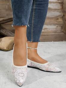 Women's Fashion Solid Color Lace Hollow Floral Pattern Pointed Toe Flat Slip-On Shoes, Comfortable Classic Versatile For All Seasons, Soft And Comfortable, Excellent Experience - White - View 6