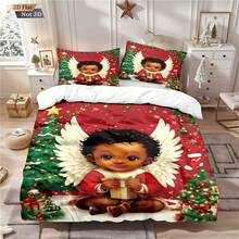 3 PiecesChristmas-Themed Quilt Set,(1 Set +2 Pillowcases, No Core) Printed With The Image Of A Black Cherub With White Wings, Surrounded By Christmas Trees, Christmas Socks, Stars And Other Elements, Suitable For Your Sleep All Year Round. Comfortable Experience