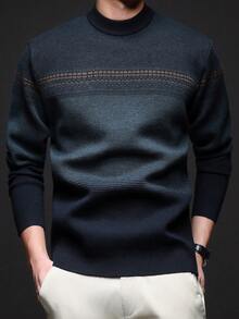 Men Striped Crew Neck Casual Minimalist Design Thick Knit Sweater, Winter, Long Sleeve Top