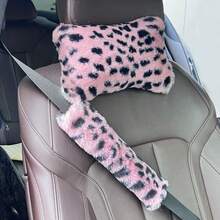 2pcs Plush Leopard Print Headrest & Shoulder Covers Set, Soft & Comfortable Neck Pillow, Car Interior Accessories