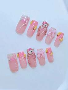 10Pcs Y2K Nails Pipe-Shaped Press On Nails Set - Handcrafted, Yellow Nails, Yellow French Tip Style, Hand Drawn Yellow And Pink Stripe French Style, Handmade 3D Monkey And Handmade 3D Banana Pattern, Hand Drawn Transparent 3D Pattern Design - Suitable For Women And Girls, Party, Wedding Nail Supplies Nails - 多色 4 - 查看 2