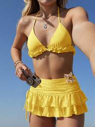 Swim Mod Women's Summer Vacation Beach Solid Color Ruffled Halter Bikini Top