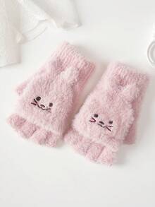 1 Pair Autumn/Winter Unisex Faux Fur Flip-Top Gloves, Cartoon Animal Design, Thick & Warm, Suitable For Riding, Writing, Half-Finger