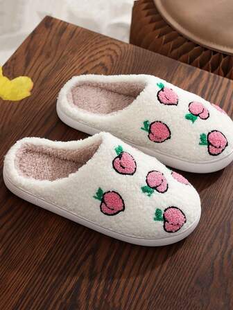 New Women's Indoor Slippers, Warm Cute Fruit Embroidered Anti-Slip Thick Autumn/Winter Slippers, Couple & Student Dormitory Essential